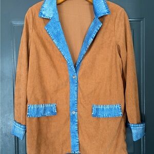 Tan Corduroy Blazer with Blue Contrast Trim